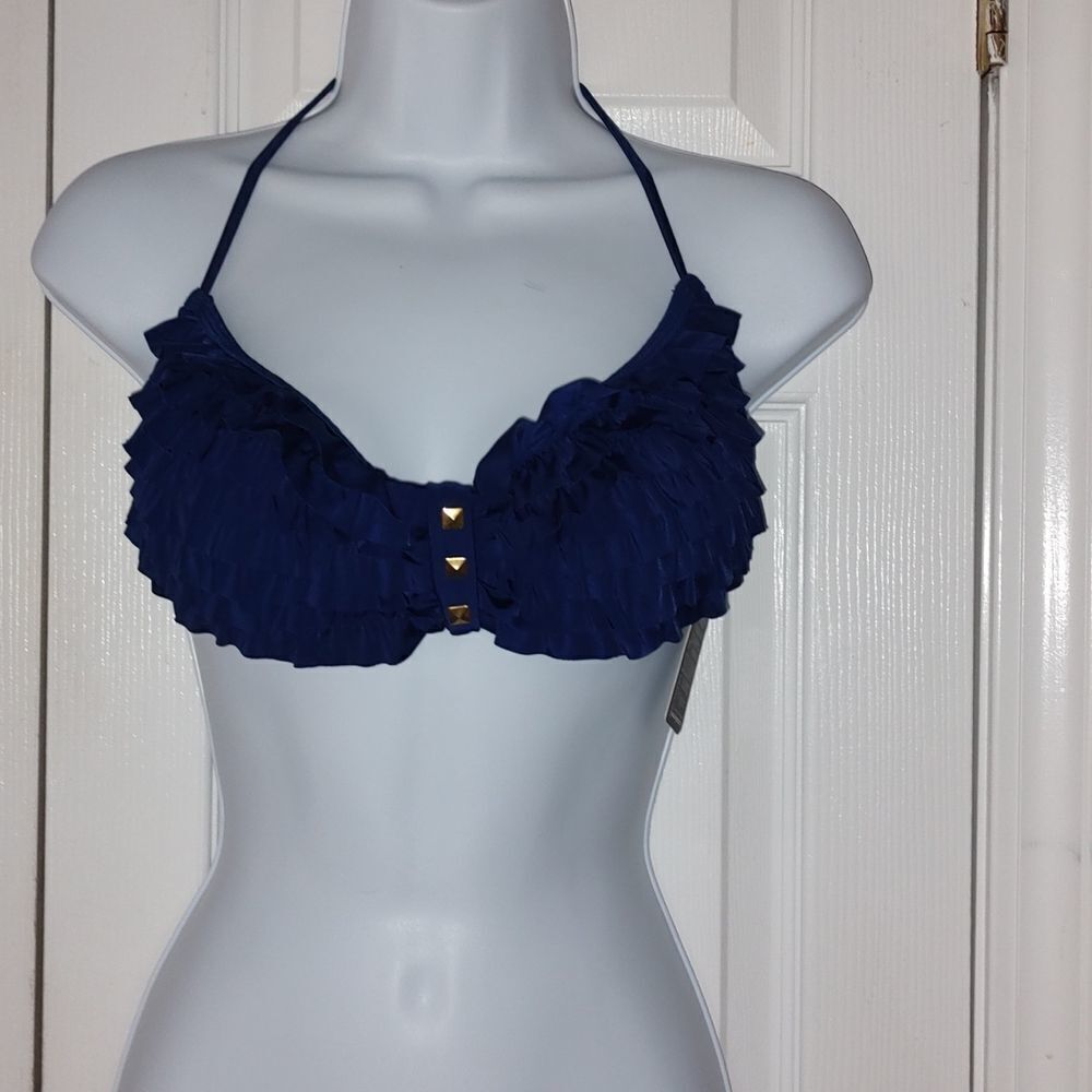 Ingear Cute ruffle-top navy string bikini  top with gold accents Sz M NWT